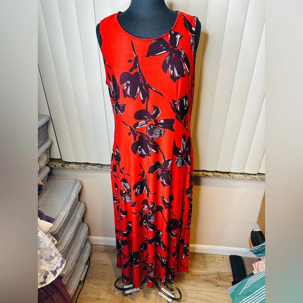 R & B Collection Red Black Floral Sleeveless Maxi Dress Size XL NEW